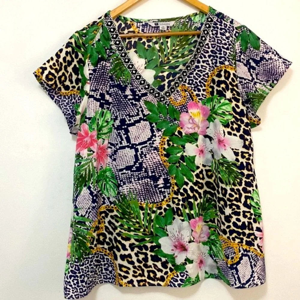 Rockmans - Tropical Print Blouse Top with decorative v neckline - Size 20 - Picture 1 of 6